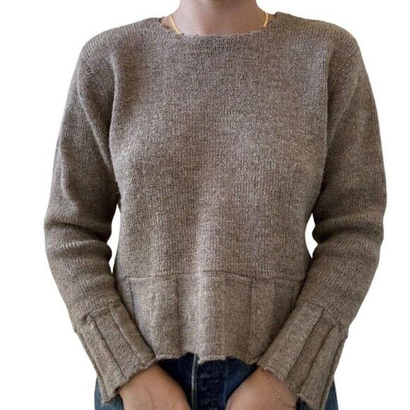 Vintage J. Jill Tan Brown Alpaca Wool Blend Cropped Boxy Ruffle Sweater Sz M - Picture 3 of 7